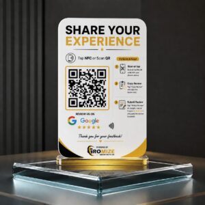 Gromize AI Google Review Scanner stand with NFC and QR code for instant Google reviews