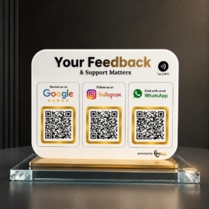 Gromize AI Google Review Scanner stand with NFC and QR code for instant Google reviews