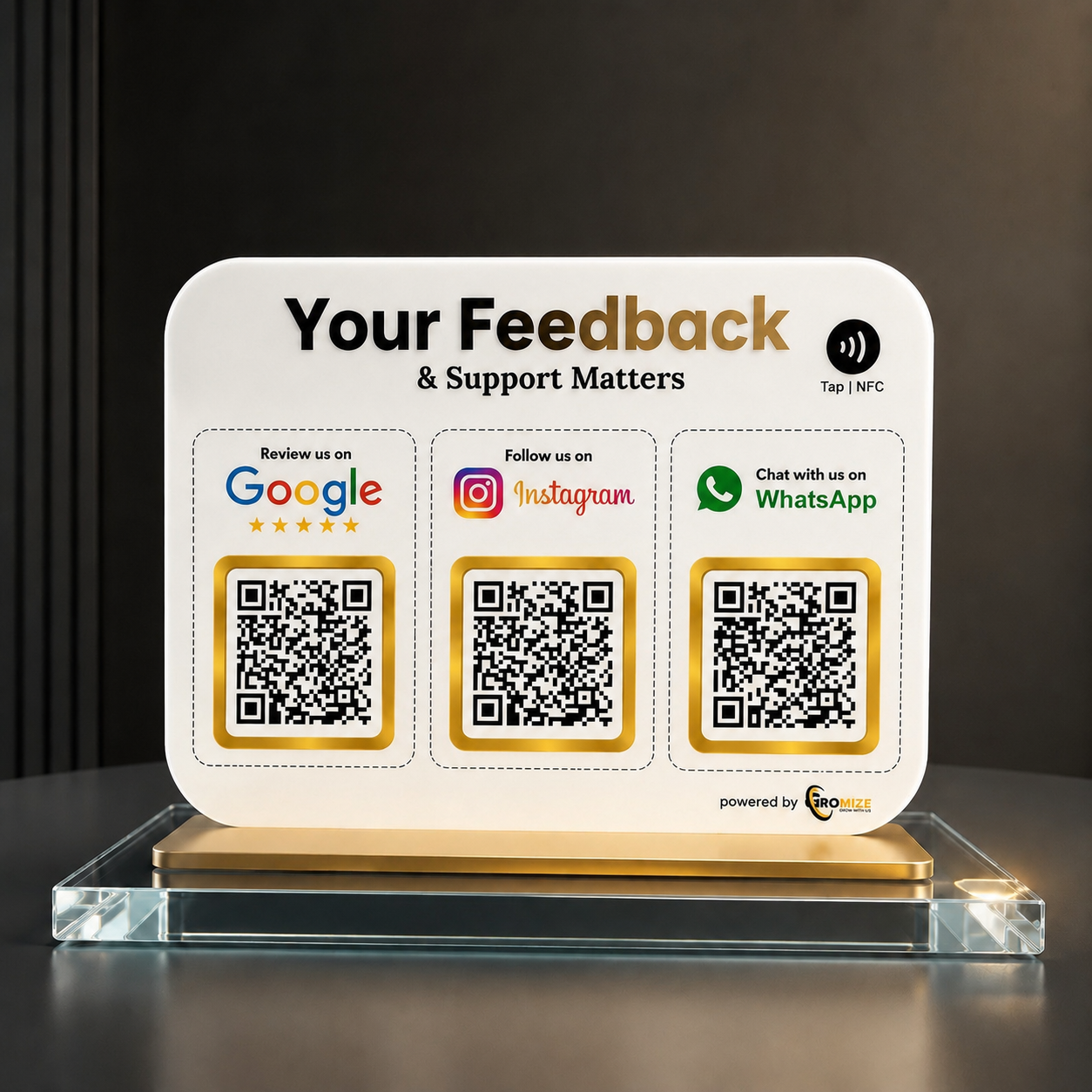 Gromize AI Google Review Scanner stand with NFC and QR code for instant Google reviews